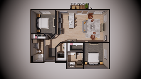 Floor plan for 2 beds, 2 baths, 1042 sqft